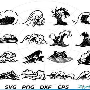 Puede incluir: Un conjunto de 15 ilustraciones de olas en blanco y negro. Las olas son de varios estilos, algunas son simples y otras más detalladas. Todas las olas están orientadas hacia la derecha.