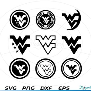 May include: Nine variations of a black and white West Virginia state logo. The logo is a double 'W' with a star in the center of the 'W's. The logos are in different styles, including a circle, a wreath, and a crescent moon.