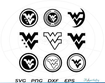 May include: Nine variations of a black and white West Virginia state logo. The logo is a double 'W' with a star in the center of the 'W's. The logos are in different styles, including a circle, a wreath, and a crescent moon.