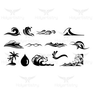 May include: A set of 12 black and white wave clip art illustrations. The waves are stylized and abstract, with some featuring palm trees and water drops.