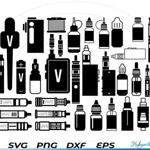 May include: A black and white digital illustration of various vaping supplies, including bottles, tanks, coils, and mods. The image includes the word "VAPE" repeated multiple times.