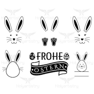 May include: Black and white silhouette design elements for Easter. Includes bunny rabbits, paw prints, eggs, and the text "Frohe Ostern" which means "Happy Easter" in German.