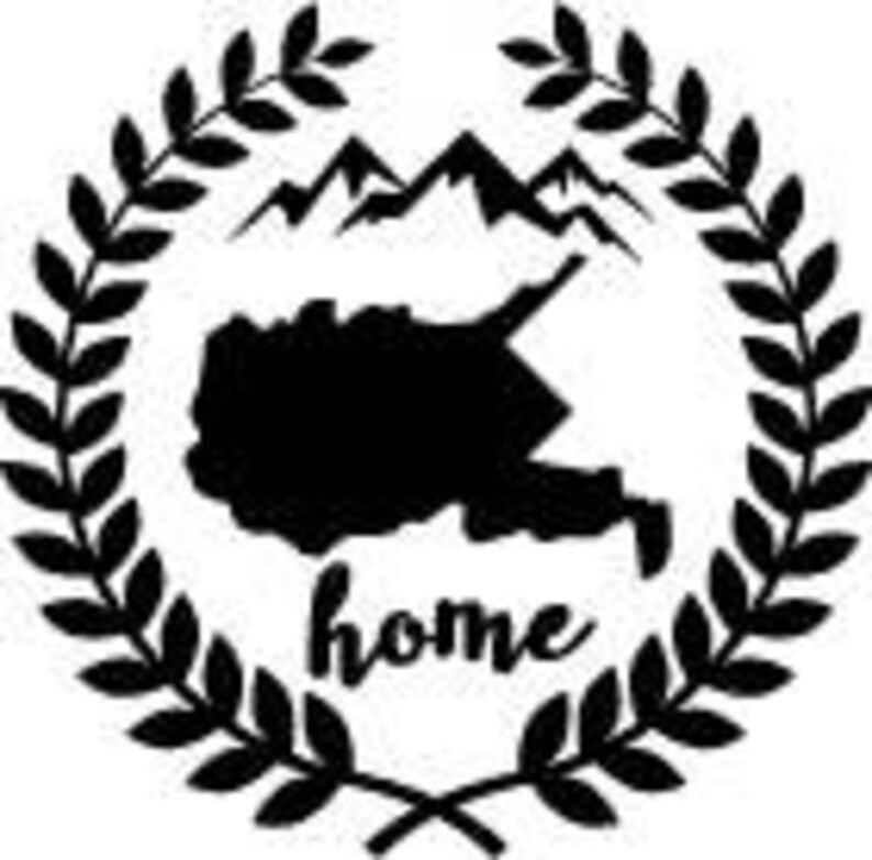 May include: Black and white graphic of a mountain range and a map outline, encircled by a laurel wreath. The word "home" is written in cursive below the map. The design is suitable for various applications.