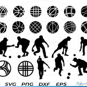 May include: Black and white silhouette design of people playing bowls. The design includes 10 bowls and 8 players in various poses. The design is perfect for creating a custom design for a t-shirt, mug, or other item.