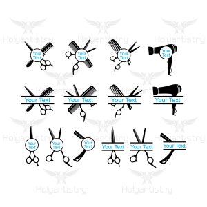 May include: Set of 10 black and white hair salon logo designs. The logos feature scissors, combs, and a hairdryer. Each logo has a circle with the text "Your Text" in blue.