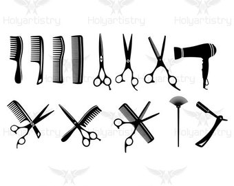 May include: Black and white silhouette of various hairdressing tools, including combs, scissors, a hairdryer, and a razor.