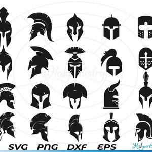 May include: A set of 20 black and white vector illustrations of different helmet designs. The helmets are all in a similar style, with a pointed top and a visor. Some of the helmets have additional details, such as horns, crests, or feathers.