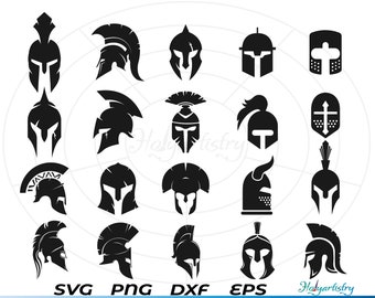 May include: A set of 20 black and white vector illustrations of different helmet designs. The helmets are all in a similar style, with a pointed top and a visor. Some of the helmets have additional details, such as horns, crests, or feathers.