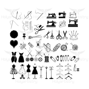 May include: Black and white silhouette icons of sewing and tailoring supplies, including sewing machines, scissors, needles, thread, buttons, spools, and dress forms.
