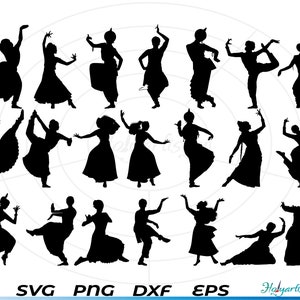 Peut inclure: Une collection de 20 images en silhouette noire de danseurs dans différentes poses. Les danseurs portent tous des vêtements traditionnels indiens et exécutent une variété de mouvements de danse.