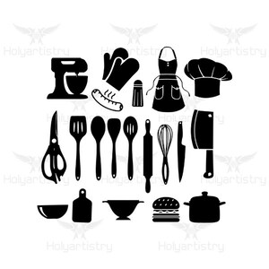 Puede incluir: Íconos en silueta en blanco y negro de herramientas y equipos de cocina, que incluyen una batidora de pie, guantes para horno, delantal, gorro de cocinero, espátula, cuchara de madera, rodillo, batidor, cuchillo de chef, hacha, tijeras, tabla de cortar, tazón, colador, hamburguesa y una olla.