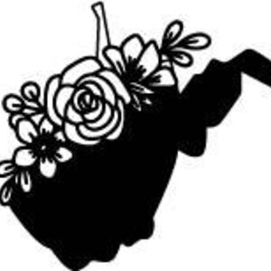 May include: Black silhouette of the state of West Virginia, adorned with floral elements. The design features a detailed outline of the state's shape, with flowers and leaves clustered on the upper left side. The image is a simple, yet elegant, graphic.