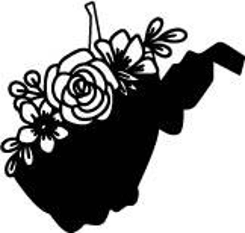 May include: Black silhouette of the state of West Virginia, adorned with floral elements. The design features a detailed outline of the state's shape, with flowers and leaves clustered on the upper left side. The image is a simple, yet elegant, graphic.