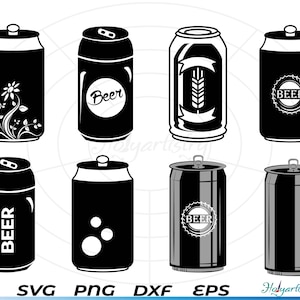 Könnte beinhalten: Satz von zehn Schwarzweiß-Silhouettenillustrationen von Bierdosen. Die Dosen haben verschiedene Designs, darunter ein Blumenmuster, ein Bierlogo, eine Weizenähre und ein einfacher Kreis.