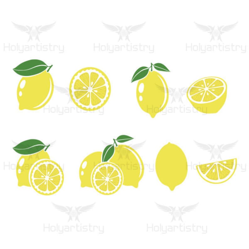 May include: A collection of yellow lemons with green leaves. Some lemons are whole, while others are sliced in half. The lemons are arranged in a variety of positions.