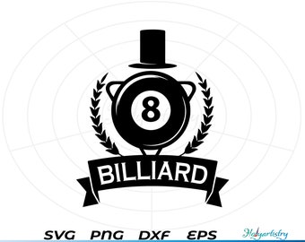 Può includere: Illustrazione in bianco e nero di una palla da biliardo con il numero 8 all'interno, che indossa un cappello a cilindro ed è circondata da una corona di alloro. Il testo "BILLIARD" è scritto su uno stendardo sotto la palla.