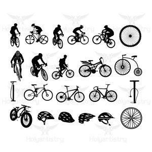 Puede incluir: Una imagen en silueta en blanco y negro de varias bicicletas y ciclistas. La imagen incluye una variedad de estilos de bicicletas, incluyendo bicicletas de carretera, bicicletas de montaña y una bicicleta de alta rueda. La imagen también incluye una variedad de cascos y bombas de bicicleta.