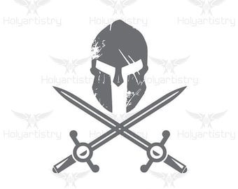 May include: A gray Spartan helmet with a distressed finish, crossed with two swords. The swords have gray handles and blades.