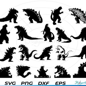 Può includere: Un set di 18 immagini in silhouette in bianco e nero di Godzilla, un mostro immaginario, in varie pose. Le immagini sono adatte per l'uso in artigianato, scrapbooking e design digitale.