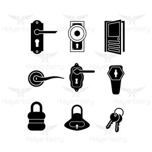 May include: A collection of black and white illustrations of door hardware, including doorknobs, a door with an open door, locks, and keys. The designs vary in style, from classic to modern, suitable for home decor or design projects.