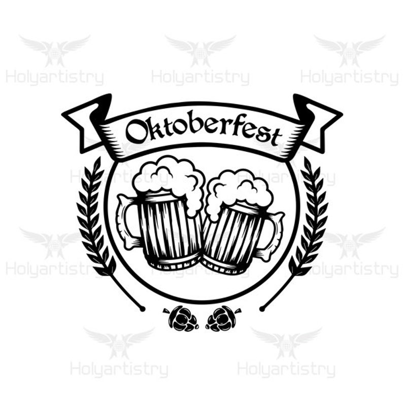 Puede incluir: Ilustraci&oacute;n en blanco y negro de dos jarras de cerveza con una pancarta que dice "Oktoberfest". Las jarras est&aacute;n llenas de espuma y tienen un dise&ntilde;o tradicional. La ilustraci&oacute;n est&aacute; rodeada de tallos de trigo y una corona de l&uacute;pulo.