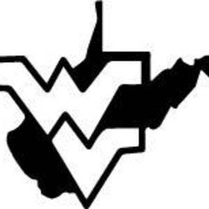 May include: Black and white graphic of the state of West Virginia with the letters "WV" superimposed over the state's outline. The design is a simple, bold silhouette.