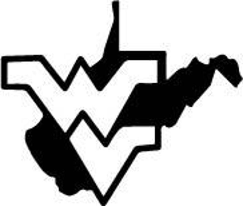 May include: Black and white graphic of the state of West Virginia with the letters "WV" superimposed over the state's outline. The design is a simple, bold silhouette.