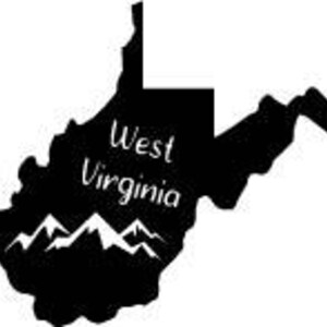May include: Black silhouette of the state of West Virginia with the text "West Virginia" in a cursive font. Below the text is a graphic of mountain peaks.