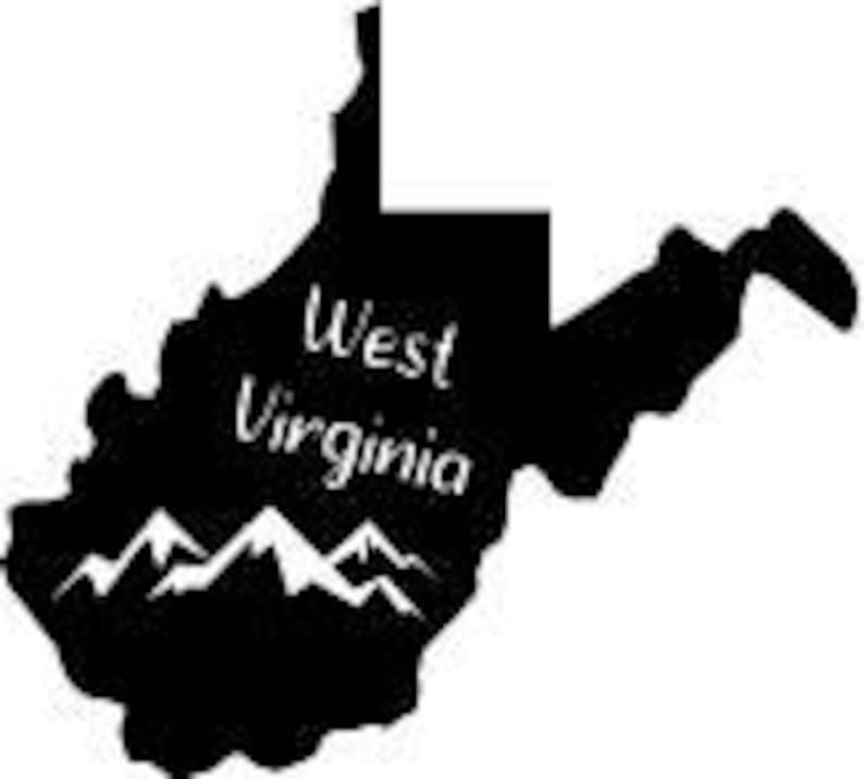 May include: Black silhouette of the state of West Virginia with the text "West Virginia" in a cursive font. Below the text is a graphic of mountain peaks.