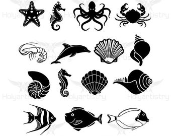 May include: Black and white silhouette illustrations of various sea creatures and shells, including a starfish, seahorse, octopus, crab, shrimp, dolphin, nautilus, seashell, and fish.