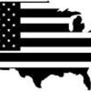 May include: A black and white graphic of the United States of America in the shape of the country's outline. The American flag design is incorporated into the upper left portion of the image.