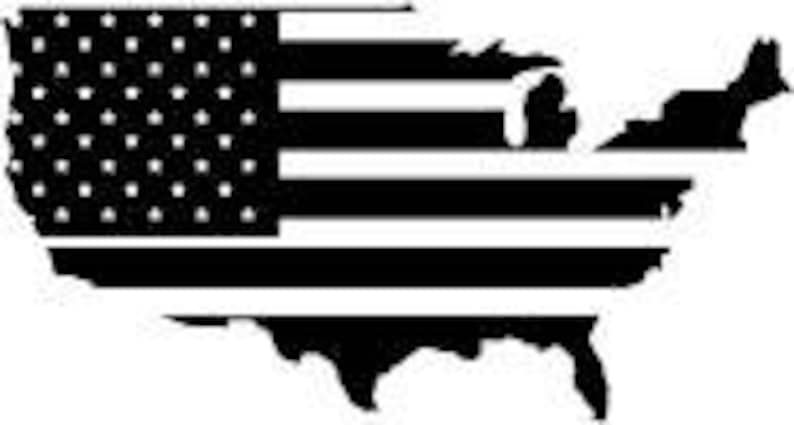 May include: A black and white graphic of the United States of America in the shape of the country's outline. The American flag design is incorporated into the upper left portion of the image.
