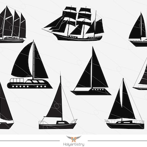 Könnte beinhalten: Eine Reihe von neun schwarzen Silhouette-Illustrationen verschiedener Arten von Segelbooten. Die Segelboote sind alle in die gleiche Richtung ausgerichtet und in einem Raster angeordnet.