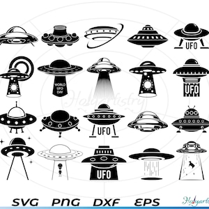 May include: A set of 20 black and white UFO silhouette vector illustrations. The illustrations include various shapes and sizes of UFOs, some with windows and some with lights. The text "World UFO Day" is included in one of the illustrations.
