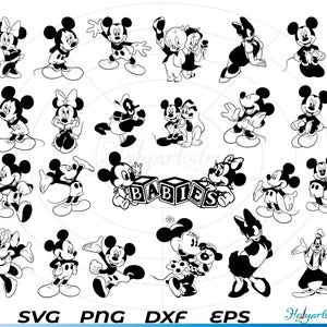 Puede incluir: Un conjunto de 24 archivos de corte SVG en blanco y negro que presentan varias poses de Mickey Mouse y Minnie Mouse. Los diseños incluyen a Mickey y Minnie tomándose de la mano, Mickey y Minnie con corazones, Mickey y Minnie con bebés y Mickey y Minnie con flores. Los diseños son perfectos para crear manualidades, decoraciones y regalos personalizados.
