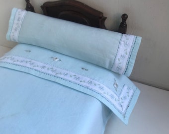 Miniature dollhouse double bed sheet set, hand embroidered, hemstitch embroidered sheet and pillowcase with hemstitches, 1/12 bedding set