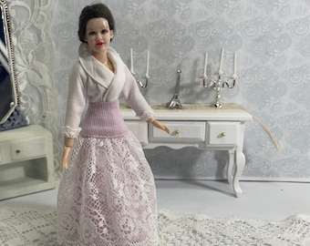 Clothes Set for Heidi Ott Miniature Elegant Suit Lace Skirt and Blouse Pink Party Dress 1/12 Dollhouse Clothes