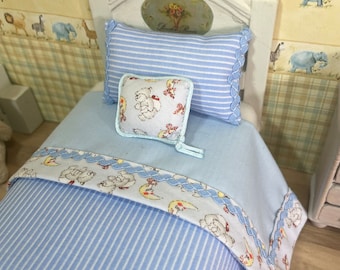1 12 Miniature Dollhouse Bedding for Single Bed, Blue Striped Bedspread with Pillow and Cushion