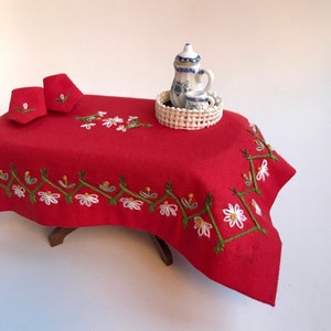 Miniature Christmas Tablecloth Set - Hand-Embroidered 1:12 Scale Dollhouse Decor,