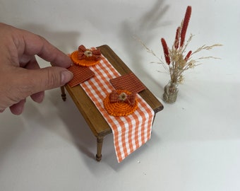 Fall table throw, miniature tablecloth, orange and white checkered tablecloth, fall table, miniature table linens, mini napkins, dollhouse.
