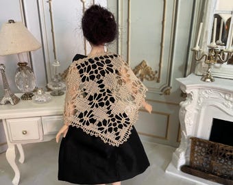 Miniature Handmade Bobbin Lace Triangle Shawl, 1:12 Scale Dollhouse Clothing