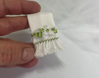 Miniature White Linen Towel with Green Floral Detail - Hand-Embroidered 1:12 Dollhouse Bathroom Accessory
