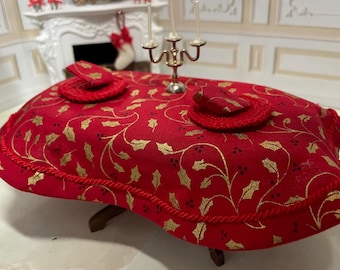 1:12 Dollhouse Christmas Oval Tablecloth with Crochet Placemat, Handmade Miniature Table Decor