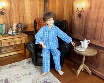 Pajamas for male doll miniature, male underwear for dollhouse, miniature blue pajamas for Heidi Ott male 1/12