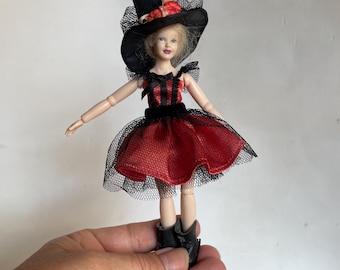 Miniature Witch Dress and Hat Set, 1:12 Scale Dollhouse Clothing for Heidi Ott Dolls, Orange and Black Halloween Outfit