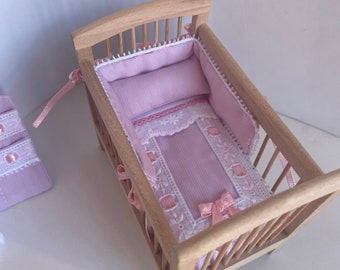 Pink Miniature Crib Quilt, Dollhouse Crib Bedding, Baby Quilt and Bumper, Miniature Baby Accessories, 1/12 Blanket