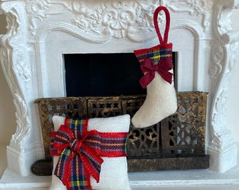 Handmade 1:12 Scale Miniature Christmas Stocking, Dollhouse Decoration with Tartan Bow