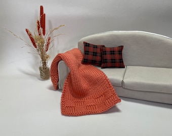 1/12 Doll house, miniature knitted blanket, hand knitted blanket, pumpkin colored blanket, mini plaid cushions, autumn decoration.