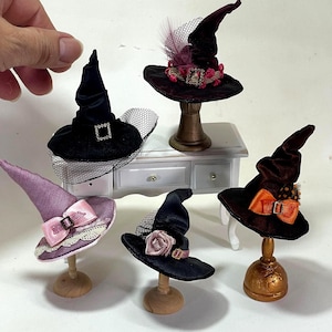 Miniature witches hat for dolls, 1:12 scale dollhouse Halloween hat, handmade fantasy, gothic decor.