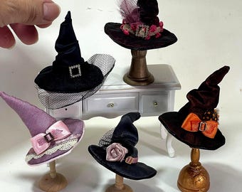 Miniature witch hat for dolls, 1:12 scale dollhouse Halloween hat, handmade fantasy, gothic decor.